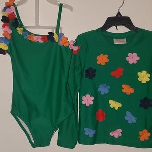 Hanna Anderson Green flower one shoulder bathing suit size 5 2 pc set